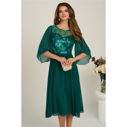 Rochie midi verde in clos din voal cu dantela florala la bust