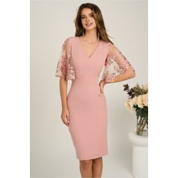 Rochie DY Fashion midi roz din stofa conica cu maneci din dantela