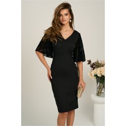 Rochie DY Fashion midi neagra din stofa conica cu maneci din dantela