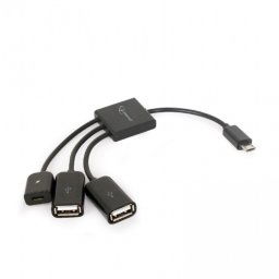 CABLU adaptor OTG GEMBIRD, pt. smartphone, Micro-USB 2.0 (T) la Micro-USB 2.0 (M) + USB 2.0 (M) x 2, 13cm, asigura conectarea telef. la o tastatura, mouse, HUB, stick, etc., negru, UHB-OTG-02