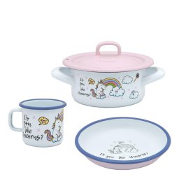 Set 3 piese 1.5l Unicorn Metalac email/Cana 8cm/Caserola capac14cm/Farfurie 18cm