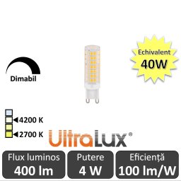 Bec Ultralux LED 4W Dimabil G9 alb-cald sau alb-neutru
