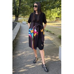 ROCHIE MIDI ASIMETRICA CU BUZUNARE SI MANECA SCURTA FUNDA BUTTERFLY VALLO TALIE UNICA Multicolora