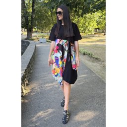 ROCHIE MIDI ASIMETRICA CU BUZUNARE SI MANECA SCURTA FUNDA FLOWER FACE TALIE UNICA Multicolora