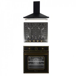 Cuptor Pachet incorporabil cuptor electric, plita gaz si hota decoratica Umbria Retro Black Studio Casa, Clasa A, 6 functii, Gratare fonta, 1 motor turbo, Negru