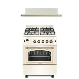 Pachet Aragaz rustic 4 arzatoare gaz, Cuptor pe gaz, 60x60cm, Studio Casa SIENNA, FE60/60G, Rotisor, Grill gaz, Ventilatie Turbo+Hota incorporabila telescopica Lean Retro