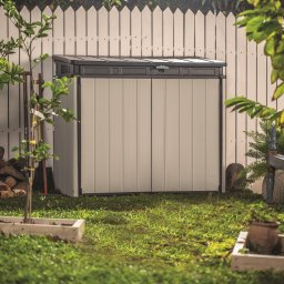 Dulap exterior gradina, plastic, depozitare unelte si pubele, gri, 1150 L, Keter Premier XL, cu podea, 2 usi, rezistent la intemperii si UV, 141 x 82 x 1235 cm