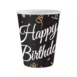 Set de 6 pahare carton cu inscripție Happy Birtday - negru