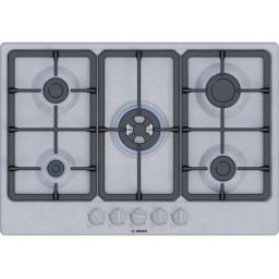 Plita incorporabila Bosch PGQ7B5K90, Gaz, 5 arzatoare, Arzator Wok, Gratar fonta, 75 cm, Inox