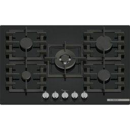 Plita incorporabila Bosch PPQ7A6I40, gaz, 5 arzatoare, Flame select, Arzator Wok, Gratar fonta, 75 cm, Sticla neagra