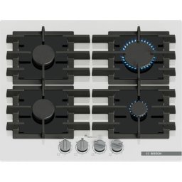 Plita incorporabila Bosch PPP6A2I40, Gaz, 4 arzatoare, Flame select, Gratar fonta, 60 cm, Sticla alba