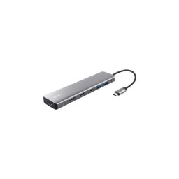Adaptor Trust Dalyx 7-in-1, 2 porturi interfata USB-A 3.2 gen 1, 1 port USB-C, 2 porturi HDMI, 1 display port, 1 charging port USB-C 100W, led indicator oprit/pornit, lungime cablu 16cm, Gri