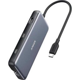 Docking Station Anker 555 8-in-1, porturi: 2 x USB-C, 2 x USB-A, HDMI 4K @60Hz, 1 x RJ-45 10 Gbps, PD 85W, conectare prin USB-C, Gri