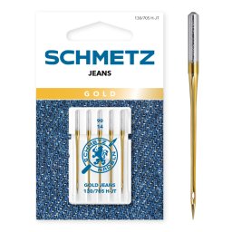 Set 5 ace de cusut, Gold Jeans, finete 90, Schmetz 130/705 H-JT VDS