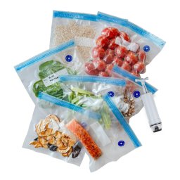 Pungi pentru vidare si gatit Su Tip Izibizi, 20 buc, 4 dimensiuni, -20°C la +95°C, Reutilizabile, Fara BPA, Inchidere etansa dubla, Transparent/Albastru