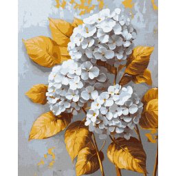 Set pictura pe numere, cu sasiu, Hortensii aurii- extra culori metalizate, 40x50 cm