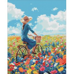 Set goblen cu diamante, cu sasiu, Plimbare in camp de flori, 40x50 cm