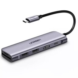Hub USB-C 6 in 1, HDMI, 2 x USB, SD/microSD, PD 100W, Ugreen CM195, gri