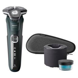 Aparat de barbierit Shaver Seria 5000 S5884/50, barbierit umed/uscat, tehnologie SkinIQ, fara fir, capete flexibile 360°, display LED, senzor Power Adapt, lame auto-ascutire, lama tuns integrata, 60 min, toc de transport, Verde inchis