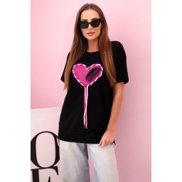 Kesi Women's oversized cotton T-shirt with a heart and fringes black