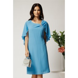 Rochie midi bleu din voal cu croi drept si accesoriu stralucitor la bust