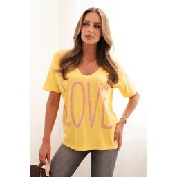Kesi Women's cotton blouse with a V-neck and LOVE print yellow