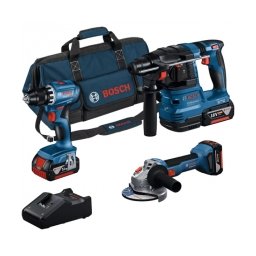 Bosch - GBH 18V-22 + GSR 18V-45 + GWS 18V-8 - Rotopercutor SDS-Plus, 1.9 J + Masina de gaurit si insurubat, 45 Nm + Polizor unghiular, 125 mm + Set 3 acumulatori si incarcator, Li-Ion, 18 V, 4 Ah + Geanta textila