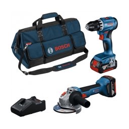 Pachet Bosch - GWS 18V-8 + GSR 18V-45 - Polizor unghiular, 125 mm + Masina de gaurit si insurubat, 45 Nm + Set 2 acumulatori si incarcator, Li-Ion, 18 V, 4 Ah + Geanta textila