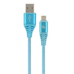 CABLU alimentare si date GEMBIRD, pt. smartphone, USB 2.0 (T) la Micro-USB 2.0 (T), 1m, premium, cablu cu impletire din bumbac, turcoaz cu insertii albe, CC-USB2B-AMmBM-1M-VW