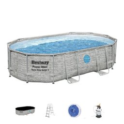 Piscina structura metalica, ovala, cu pompa nisip, scara, dozator, prelata acoperire, gri, 488x305x107 cm, Bestway Power Steel GartenVIP DiyLine