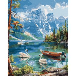 Set pictura pe numere, cu sasiu, Peisaj de munte cu lebede, 40x50 cm