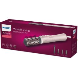 Perie Perie rotativă cu aer cald 1000W, 3 capete, funcție ionică, 3 trepte temperatură, 2 viteze, aer rece, înveliș ceramic turmalină, Pearl Peach
