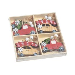 Masinute lemn color+brad pentru decoratiuni craciun set 8 buc