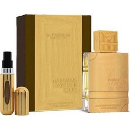 Set cadou Al Haramain Amber Oud, apă de parfum 200 ml + atomizor travel, parfum oriental luxury unisex