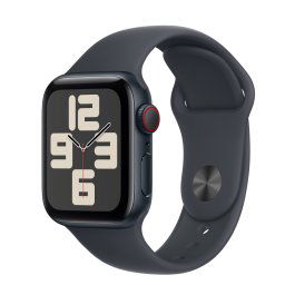 Smartwatch Apple Watch SE (2024), GPS, Cellular, Carcasa Midnight Aluminium 40mm, ecran LTPO OLED, 32GB, curea silicon Midnight Sport Band S/M, Negru/Albastru
