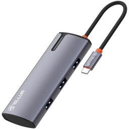 Hub Tellur TLL321061 USB-C Power Delivery 3.0 100W, 1 port HDMI 4K, 3 porturi USB 3.0, aluminiu Gri