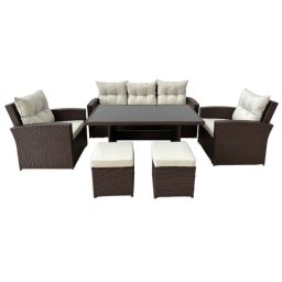 Set mobilier gradina/terasa, maro si bej, ratan sintetic, 1 masa, 2 scaune, 2 tabureti, 1 canapea, Dolores