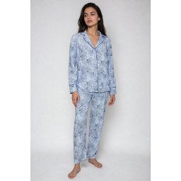 Pijama clasică Boyfriend Fit albastru cu frunze