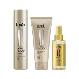 Pachet Londa Professional Fiber Infusion – Sampon 250 ml + Tratament Reconstructiv 200 ml + Ulei Velvet cu ulei de argan si vitamina E 100 ml