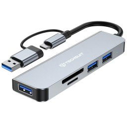 Hub Multiport, USB, Type-C la USB 3.0, 2x USB 2.0, SD/TF Card - Techsuit DataBridge 5 in 1 (H7) - Gray