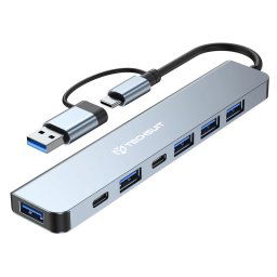 Hub Multiport, USB, Type-C la USB 3.0, 4x USB 2.0, 2x Type-C - Techsuit DataBridge 7 in 1 (H6) - Gray