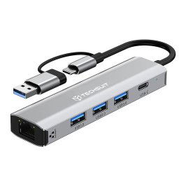 Hub Multiport, USB 3.0. USB-C la 3x USB, Type-C, Ethernet RJ45 1000Mbps - Techsuit BoostNetLink 5 in 1 (H3) - Gray
