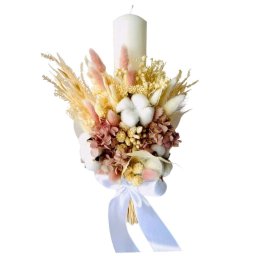 Lumânare nuntă/botez cu buchet din flori uscate și hortensie criogenată, h38 x Ø6cm - AMB507003