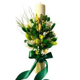 Lumânare nuntă/botez din ceara naturală de albine cu buchet din flori uscate, cromatică verde, h35 x Ø5cm - AMB507001