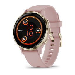 Ceas smartwatch Garmin Venu 3S display AMOLED, memorie 8GB, autonomie pana la 10 zile, rezistant la apa, rama din otel inoxidabil Soft Gold cu carcasa Dust Rose si curea din silicon