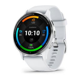 Ceas smartwatch Garmin Venu 3, display AMOLED, memorie 8GB, autonomie pana la 10 zile, rezistant la apa, Rama argintie din otel inoxidabil, carcasa whitestone, bratara din silicon