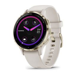 Ceas smartwatch Garmin Venu 3S, display AMOLED, memorie 8GB, autonomie pana la 10 zile, rezistant la apa, rama din otel inoxidabil Soft Gold cu carcasa Ivory, curea din silicon