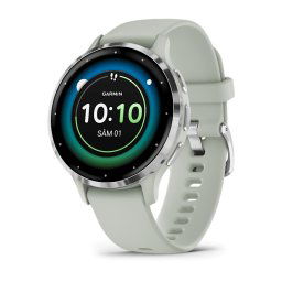 Ceas smartwatch Garmin Venu 3S, display AMOLED, memorie 8GB, autonomie pana la 10 zile, rezistant la apa, rama argintie din otel inoxidabil si carcasa sage grey si bratara din silicon