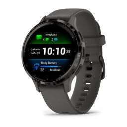 Ceas smartwatch Garmin Venu 3S display AMOLED, memorie 8GB, autonomie pana la 10 zile, rezistant la apa, rama slate din otel inoxidabil si carcasa pebble gray si bratara din silicon