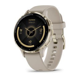 Ceas smartwach Garmin Venu 3S display AMOLED, memorie 8GB, autonomie pana la 10 zile, rezistant la apa, rama din otel inoxidabil Soft Gold cu carcasa French Gray si curea din silicon